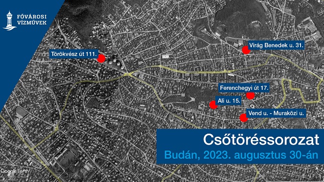 A budai hegyvidéken 2023. augusztus 30-án kialakult csőtöréshullámot főbb pontjai láthatók a térképes illusztráción.