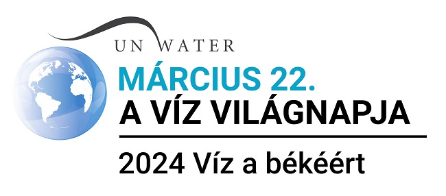 A képen a 2024-es év március 22-i víz világnapi logója látható a szlogennel: 2024 Víz a békéért