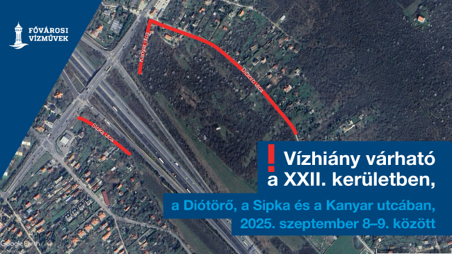 A képen a szeptember 8–9-i, vízhiánnyal érintett utcákat jelöltük a XXII. kerületben.