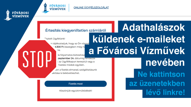 Az illusztráción a veszélyre egy STOP tábla is felhívja a figyelmet, miközben a csalók egyik tipikus e-mailje is látható a képen.