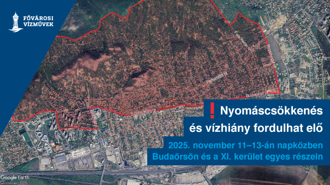 A kép illusztráció, melyen Budaörsöt jelöltük a térképen. Felirat: Nyomáscsökkenés és vízhiány fordulhat elő a 2025. november 11-13-án napközben Budaörsön és a XI. kerület egyes részein