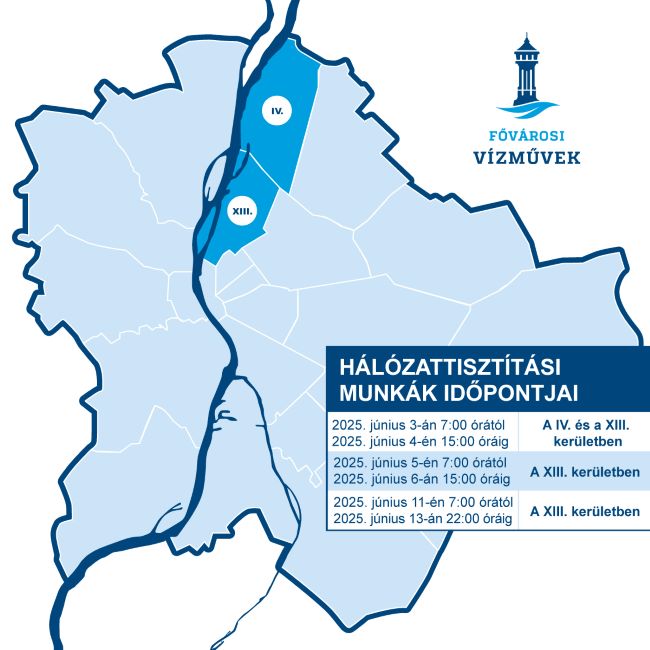 Az illusztráción Budapest térképén jelöltük a hálózattisztításban érintett IV. és XIII. kerületeket. Az illusztráción a pontos időpontok is szerepelnek, amelyeket részletesen a hírben, a kép feletti szövegben is felsorolunk.