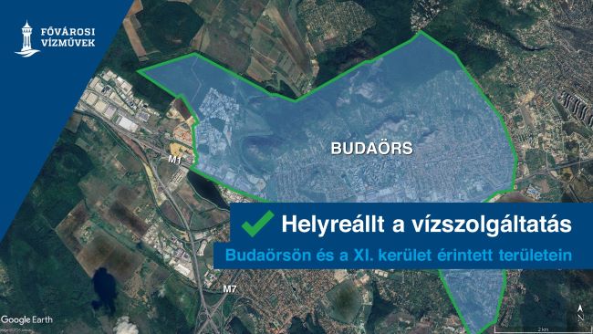 A kép illusztráció, melyen Budaörsöt jelöltük a térképen. Felirat: Helyreállt a vízszolgáltatás Budaörsön és a XI. kerület érintett területein