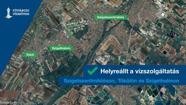 A képen a február 10-i javítás miatt vízhiánnyal, nyomáscsökkenéssel, vízzavarosodással érintett területet jelöltük.