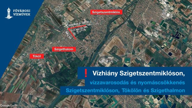 A képen a február 10-i javítás miatt vízhiánnyal, nyomáscsökkenéssel, vízzavarosodással érintett területet jelöltük.