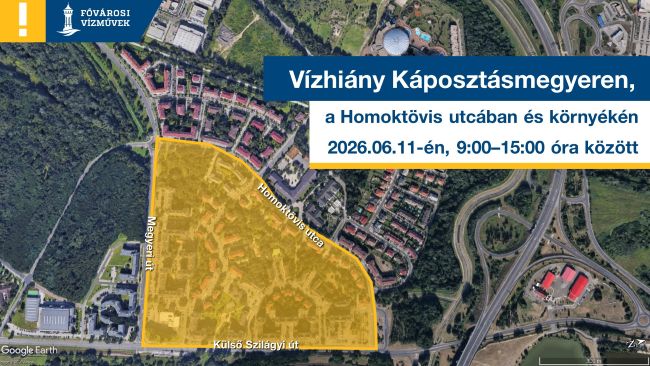 A kép illusztráció, melyen egy térképen jelöljük a Káposztásmegyeren 2026. június 11-én várható vízhiánnyal érintett területeket