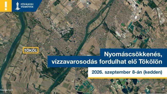 A kép egy térképet ábrázol a szeptember 8-án várható nyomáscsökkenéssel, vízhiánnyal érintett területekről Tökölön.