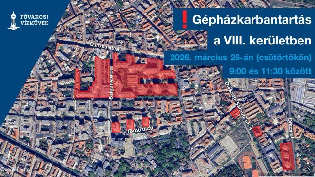 A kép illusztráció, melyen a vízhiánnyal érintett területet jelöltük a térképen, a 2026 március 26-án végzett gépházkarbantartás ideje alatt a XVIII. kerületben