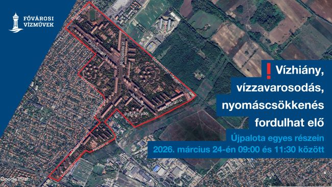 Az illusztráción a XX. kerületi gépházunk március 24-i karbantartása miatt vízhiánnyal, vízzavarosodással, nyomáscsökkenéssel érintett területet jelöltük.