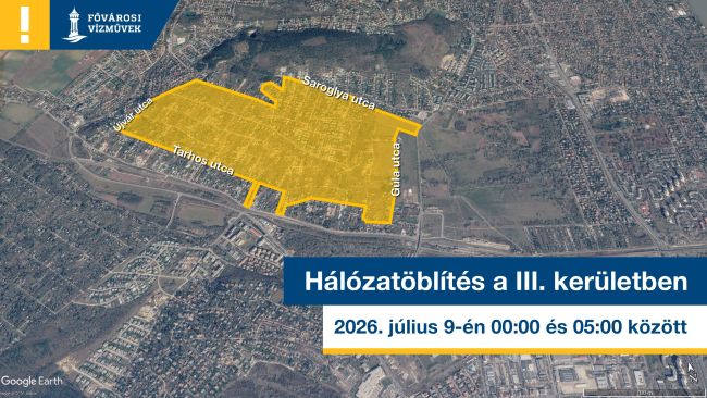 A térképen a III. kerületben a 2026. július 9-én hálózatöblítés során vízhiánnyal érintett területet jelöltük.