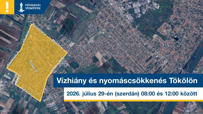 a kép egy illusztráció, amin Tököl város térképén jelöltük a vízhiánnyal, nyomáscsökkenéssel  július 29-én várhatóan érintett területeket 