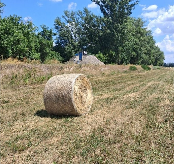 A kép előterében szénabálák, a háttérben társaságunk egyik kútja látható.