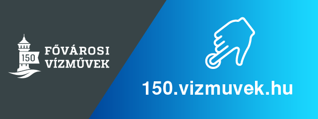 A kép egyik felén a Főváros Vízművek fennállásának 150. jubileumára készült logó látható, a másik részen egy kézfej, alatta a 150.vizmuvek.hu url-cím felirat. A képre kattintva, vagy az url-t keresőbe beírva az évforduló tiszteletére készült, társaságunk mérföldköveit bemutató weboldalunk látható.