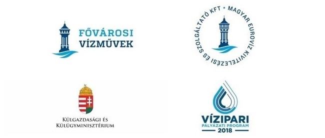 A képen a projekt részvetőinek logója látható: Fővárosi Vízművek, Magyar Euróvíz Kivitelési és Szolgálató, Külgazdasági és Külügyminisztérium, Vízipari Pályázati Program