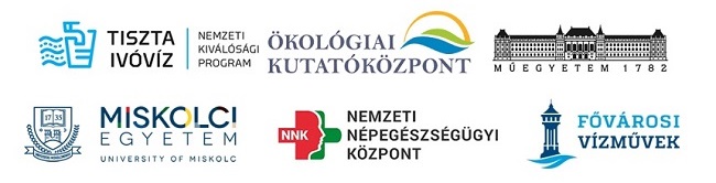 A képen a Konzorcium tagjainak logói láthatók, melyek a következők: Tiszta Ivóvíz Nemzeti Kiválóság Program, Ökológiai Kutatóközpont, Műegyetem, Miskolci Egyetem, Nemzeti Népegészségügyi Központ, Fővárosi Vízművek.