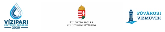 A képen a Vízipari Pályázati Program, a Külgazdasági és Külügyminisztérium, valamint a Fővárosi Vízművek logója látható.