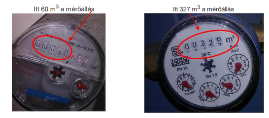 A bal oldali vízmérőn a tizedesjegy előtt olvasható szám 60, ezért 60 köbméter a mérőállás, a jobb oldali vízmérőn pedig átmenet látható 327 és 328 között, ezért 327 köbméter a mérőállás.