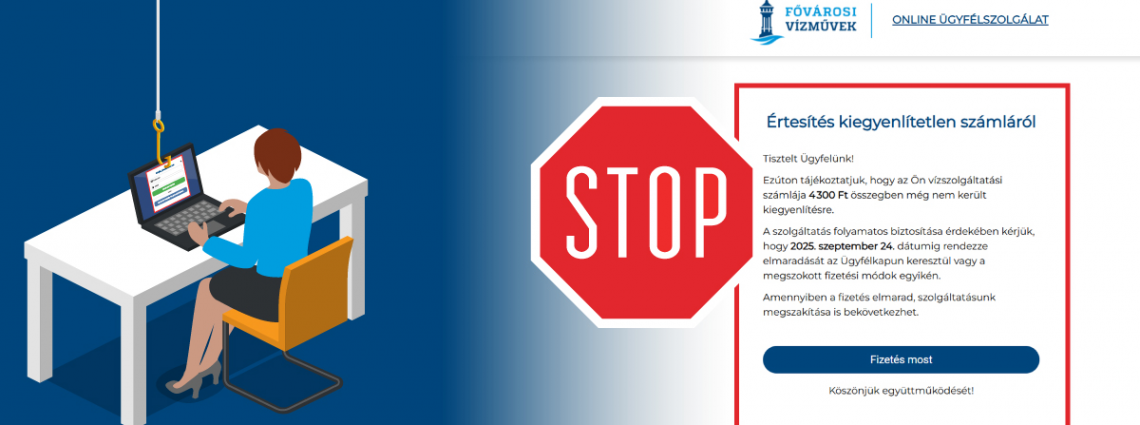 Az illusztáción laptopról horgászbottal szeretne valaki infromációt lehalászni. A veszélyre egy STOP tábla is felhívja a figyelmet, miközben a csalók egyik tipikus e-mailje is látható a képen.