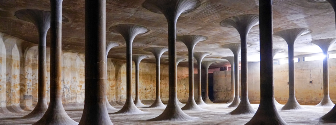 A képen a Rákosszentmihályi víztároló medence belső tere látható. 