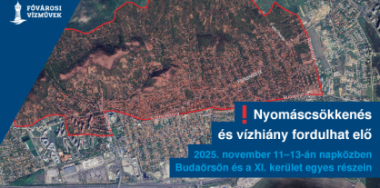 A kép illusztráció, melyen Budaörsöt jelöltük a térképen. Felirat: Nyomáscsökkenés és vízhiány fordulhat elő a 2025. november 11-13-án napközben Budaörsön és a XI. kerület egyes részein