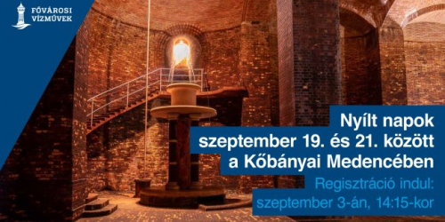 A képen a kőbányai víztároló medence belseje látható. Felirat: Nyílt napok a szeptember 19. és 21. között, regisztráció indul szeptember 3-án, 14:15-kor
