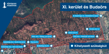 A kép illusztráció, melyen Budaörsöt és a kihelyezett lajtos kocsikat és szükségkutat jelöltük a térképen. Felirat: XI. kerület és Budaörs