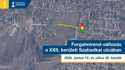 a képen egy térkép látható, amin 2026. június 15. és július 20. között a XXII. kerületi Szabadkai utcát érintő vízhiány érintett területeit jelöltük