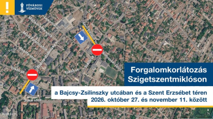 A kép egy térképet ábrázol a szigetszentmiklósi forgalomkorlátozásról, ami az október 27. és november 11. közötti vezeték-rekonstrukció miatt vált szükségessé