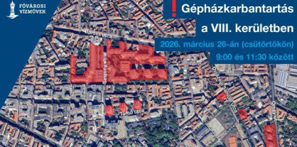 A kép illusztráció, melyen a vízhiánnyal érintett területet jelöltük a térképen, a 2026 március 26-án végzett gépházkarbantartás ideje alatt a XVIII. kerületben