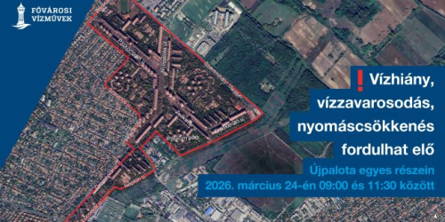 Az illusztráción a XX. kerületi gépházunk március 24-i karbantartása miatt vízhiánnyal, vízzavarosodással, nyomáscsökkenéssel érintett területet jelöltük.