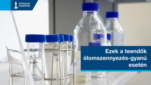 A kép illusztráció, melyen vízmintavevő edények láthatók. Felirat: Ezek a teendők ólomszennyezés esetén