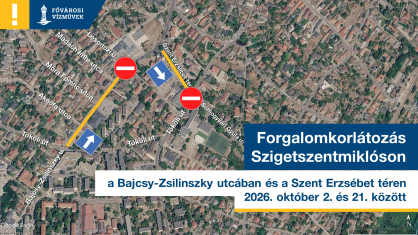 A kép egy térképet ábrázol a szigetszentmiklósi forgalomkorlátozásról, ami az október 2. és 21. közötti vezeték-rekonstrukció miatt vált szükségessé