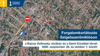 a kép egy térképes illusztráció, amin a szigetszentmiklósi rekonstrukció alatt érintett utcák forgalomkorlátozását jelöljük