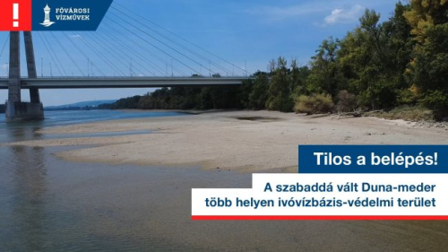 A kép illusztráció, melyen a kiszáradt Duna-meder egy szakasza látható. Felirat: Tilos a belépés!