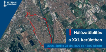 A kép illusztráció melyen a 2026. április 28-án esedékes hálózatöblítés területeit jelöljük a XXI. kerületben