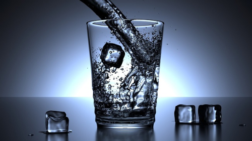  The image is an illustration of ice and water being poured into a glass.